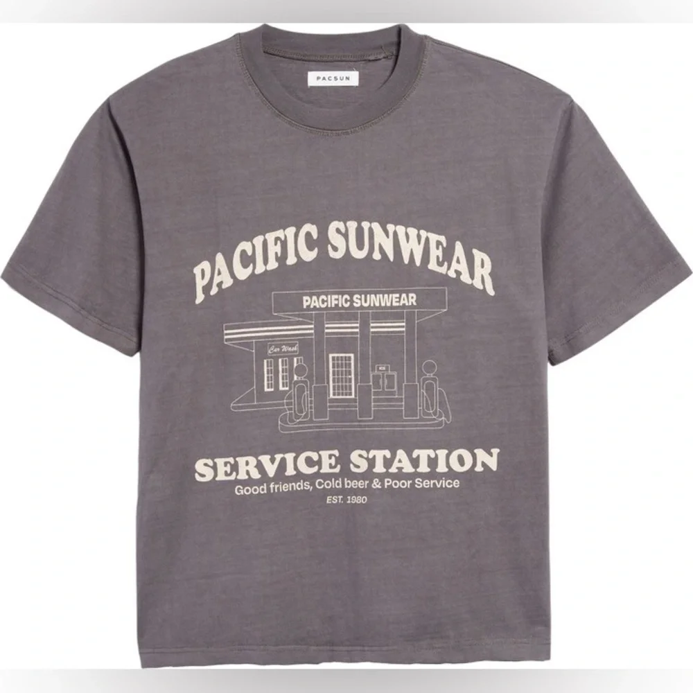 PacSun Men's Service Station Graphic Tee - Grey Size M, heavyweight